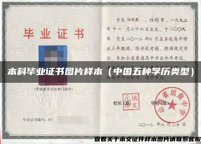 本科畢業證書圖片樣本（中國五種學歷類型）