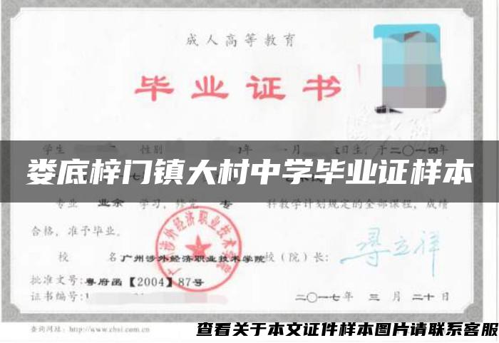婁底梓門鎮大村中學畢業證樣本