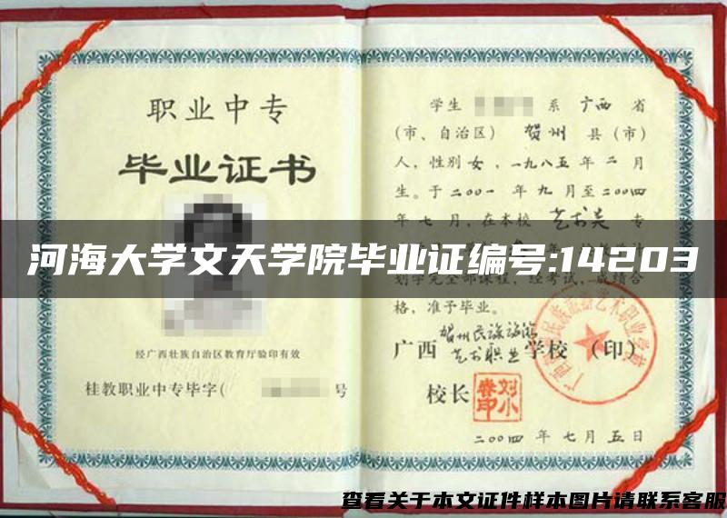 河海大學文天學院畢業證編號:14203