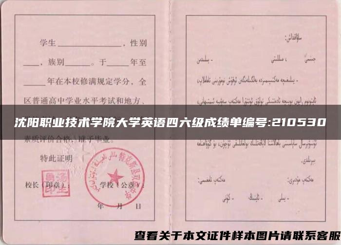 沈陽職業技術學院大學英語四六級成績單編號:210530