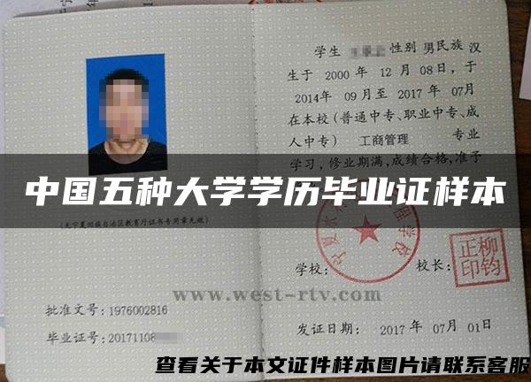 中國五種大學學歷畢業證樣本