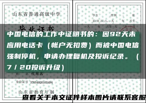 中國電信的工作中證明書的：因92天未應用電話卡（帳戶無扣費）而被中國電信強制停機，申請辦理復機及投訴紀錄。（7／20投訴升級）縮略圖